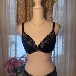 Black Lace Balconette Bra Adjustable Straps Padded Underwire Womens Size 34B